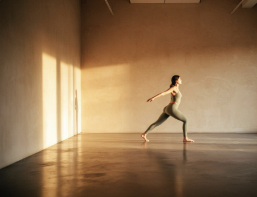A woman moving through a sunlit studio